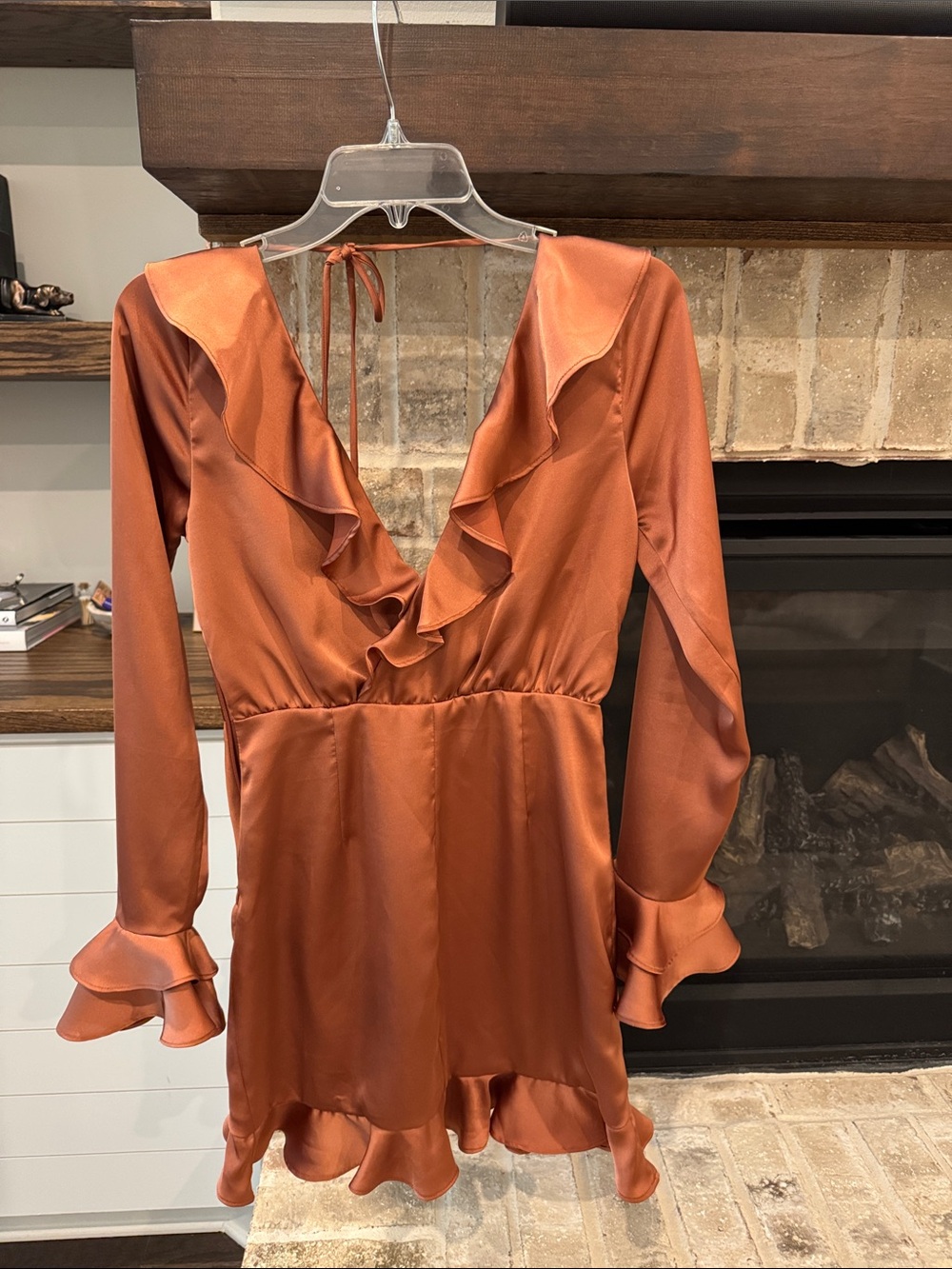 MAJORELLE Satin V-Neck Ruffle Long Sleeve Dress in Rust